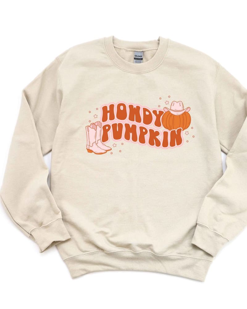 Front of a size XL Howdy Pumpkin Boots Graphic Sweatshirt in Dust by Simply Sage Market. | dia_product_style_image_id:301603
